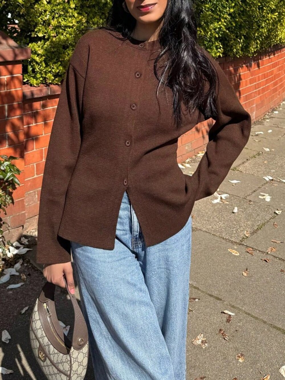 Brown Casual Women's  Long Sleeve Button DesignCardigan Sweater - Picture 10 of 11